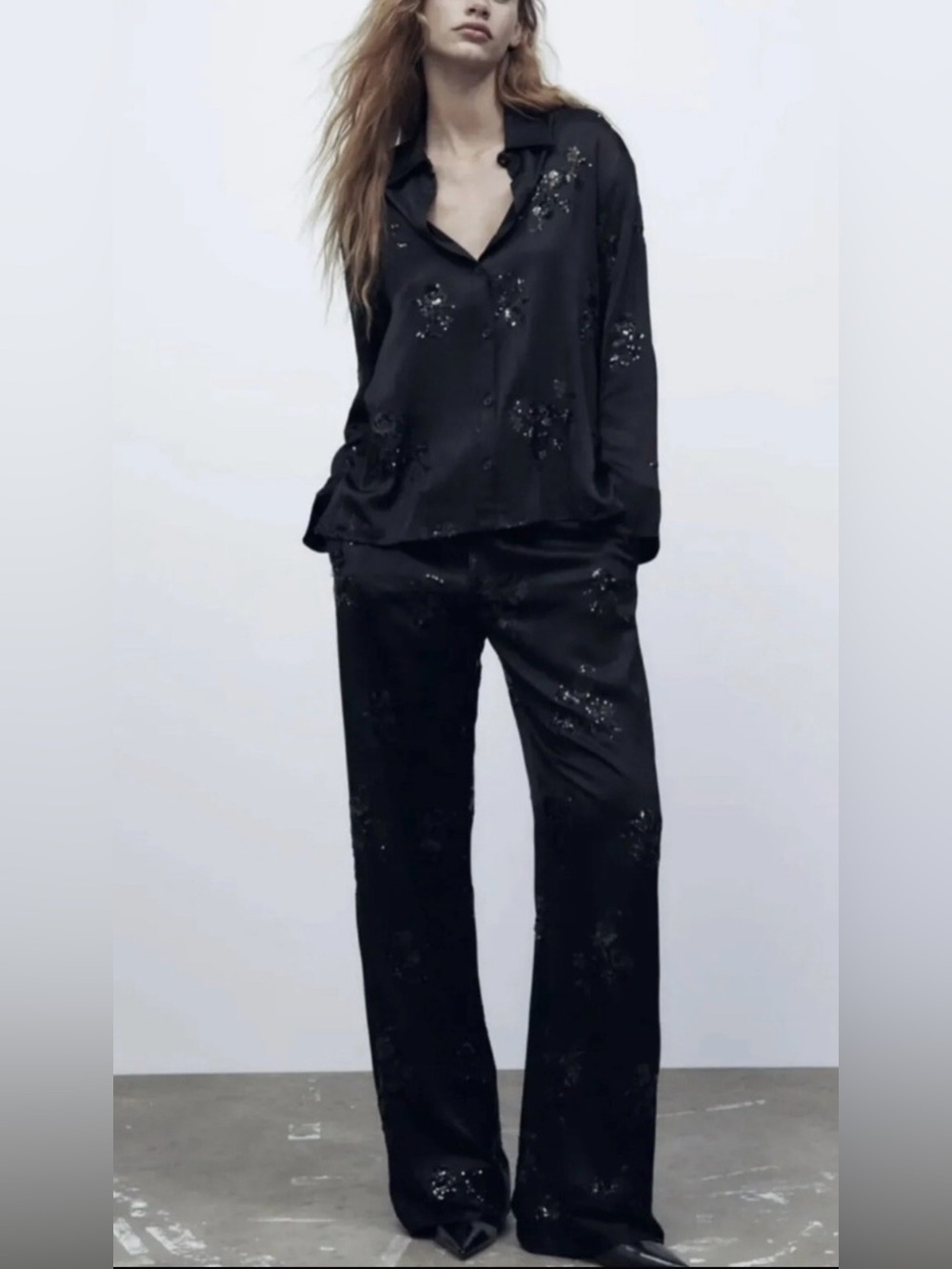 Zara Black Sequin-Embellished Satin Trousers & blouse
